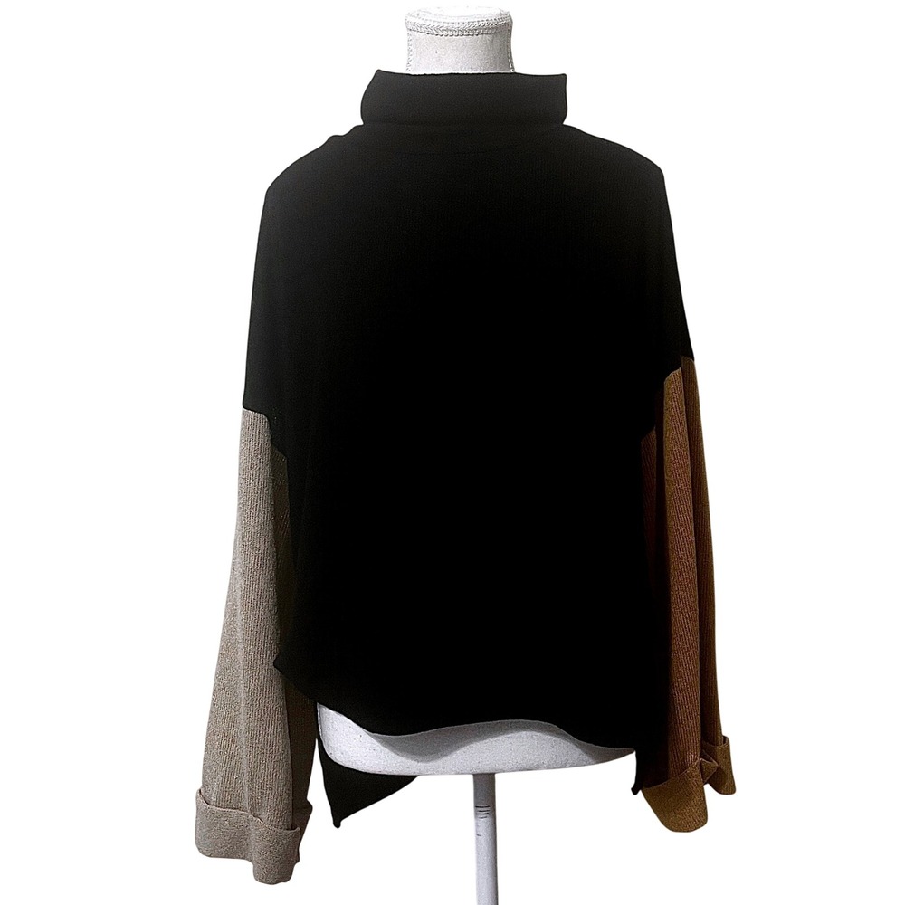 SHE+SKY Colorblock Mock Neck Sweater Large Black Tan Brown‎ Casual Minimalist
